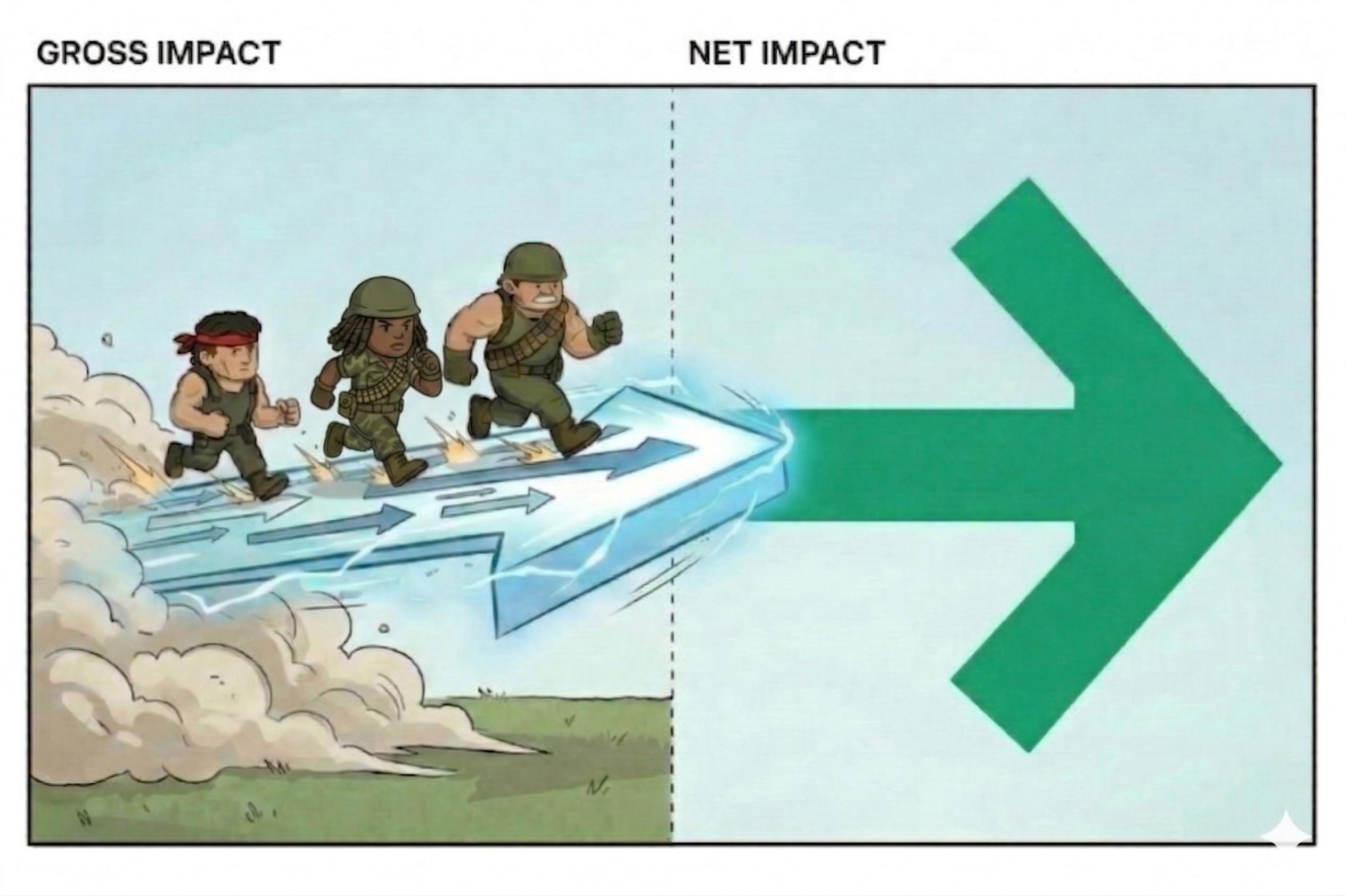 Gross Impact vs Net Impact: Soldiers running in the same direction results in massive net impact