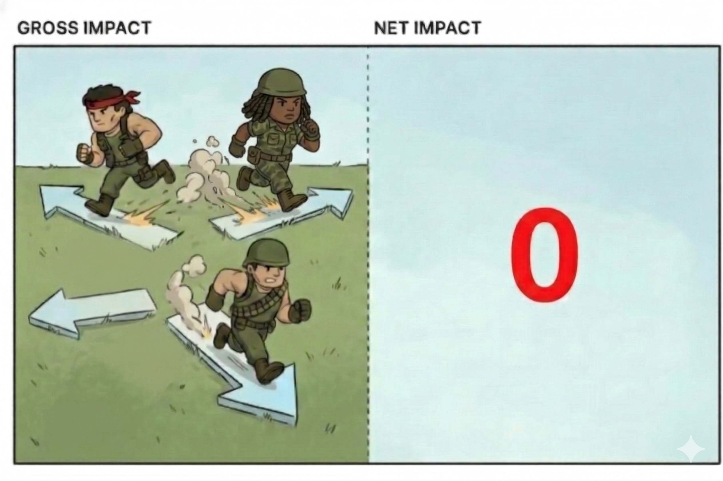 Gross Impact vs Net Impact: Soldiers running in different directions results in zero net impact